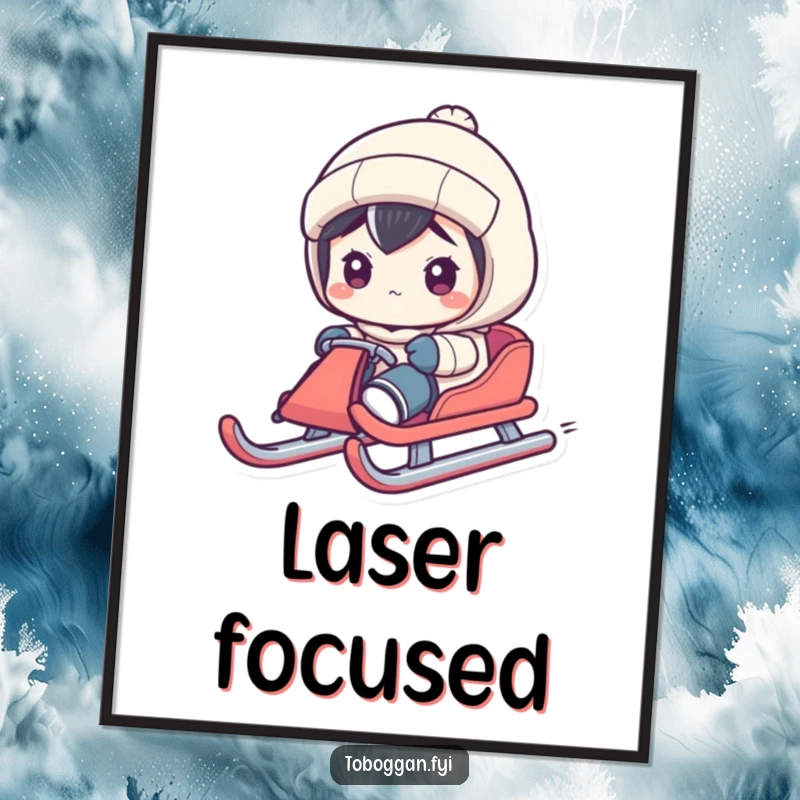 Funny digital art print of a character steering a sled with exaggerated concentration, embodying focused winter fun.