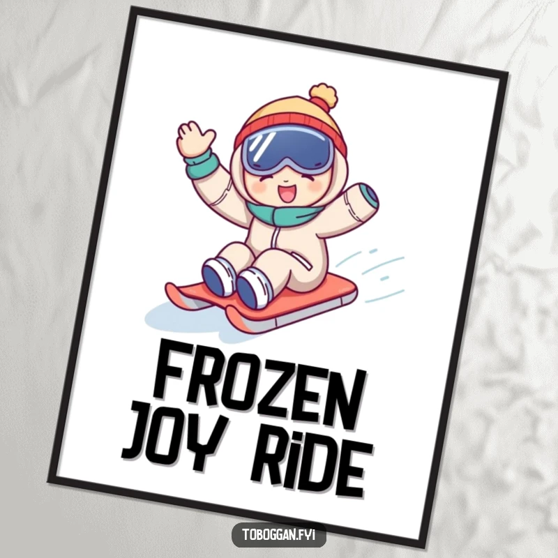 Funny digital art print of a character joyfully waving while sledding downhill, capturing a dynamic and humorous winter scene.