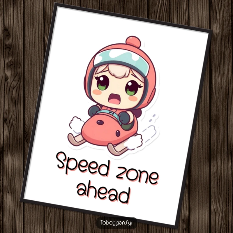 Funny digital art of a character's shocked expression on a fast sled, printable wall decor for humor.