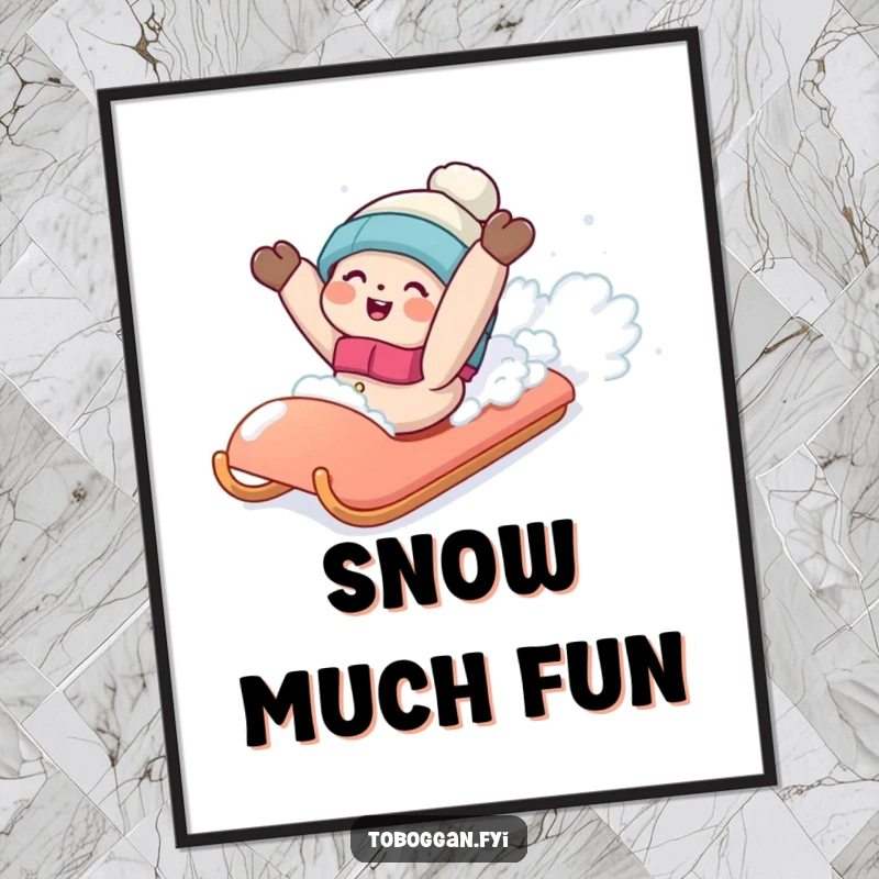 Funny digital art print of a character gleefully falling backwards off a sled into a soft, inviting snowdrift.