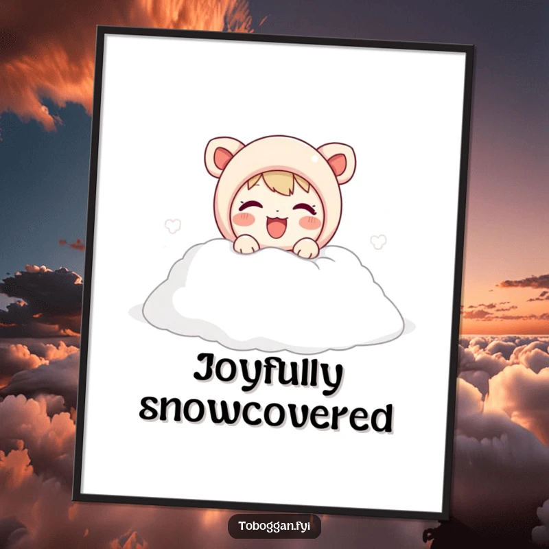 Funny digital art print of a cute character joyfully emerging from a soft snow pile, ready to be printed and framed.
