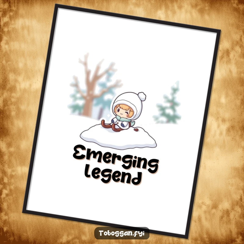 Funny snow sled digital art print, a character pops out from a snowy pile, offering instant playful winter decor.