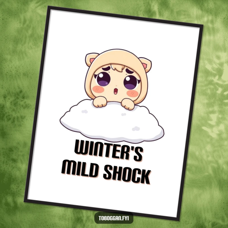 Funny Digital Art Print: A surprised character with raised eyebrows lands softly in snow, capturing winter's playful shock.