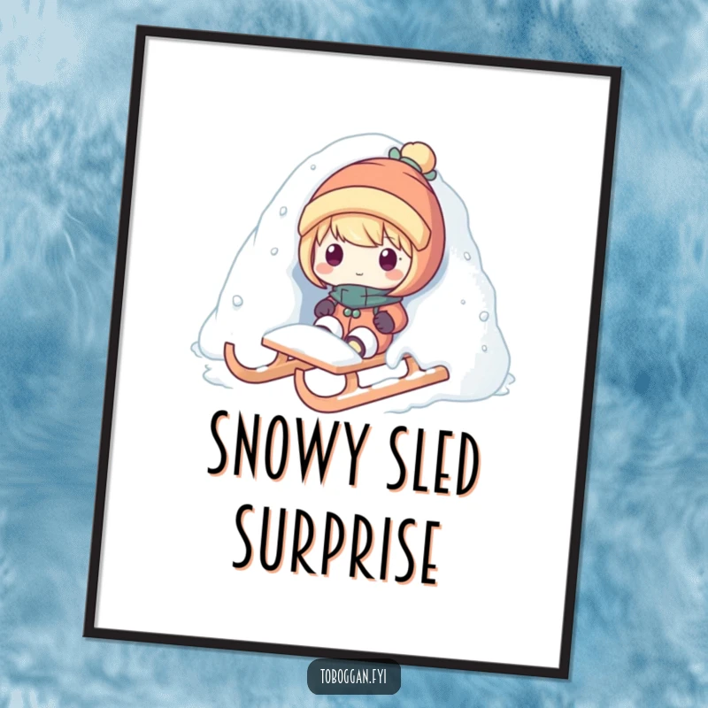 Funny snow surprise digital art print of a character popping out from snow on a sled, offering instant playful winter decor.
