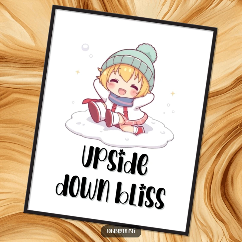 Funny digital art print of a cartoon character playfully tumbling head over heels in snow, bringing instant winter merriment.