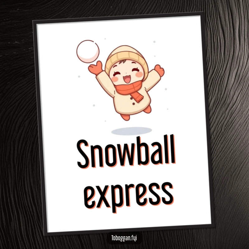 Funny digital art print of a small cartoon character joyfully throwing a snowball mid-flight, perfect for instant winter action decor.