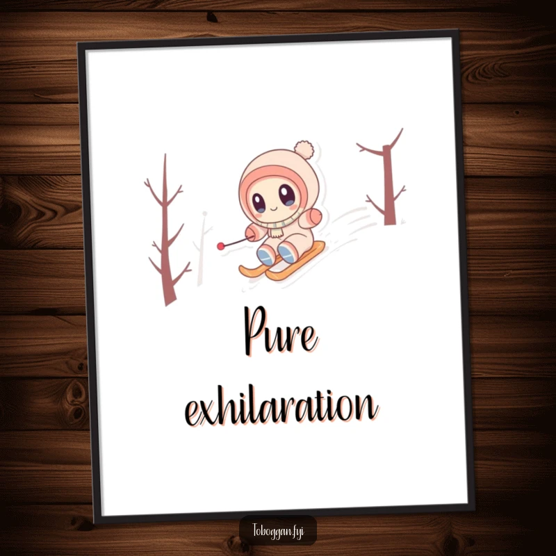 Funny Digital Art Print of a cute character with wide eyes, joyfully zipping down a snowy hill, conveying pure winter happiness.