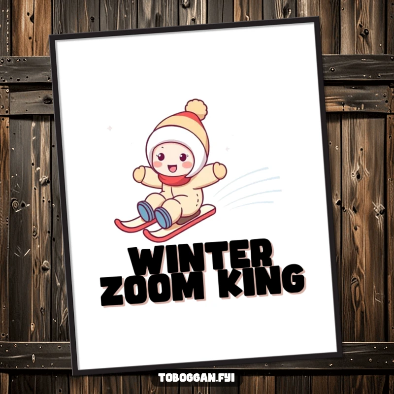 Funny digital art print of a cute character joyfully zooming down a snowy hill, capturing exhilarating winter fun.