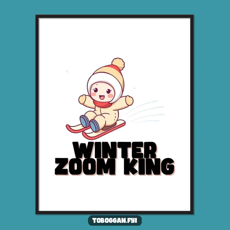 Funny Snowy Hill Zoom Digital Art: Joyful Character Sledding Decor