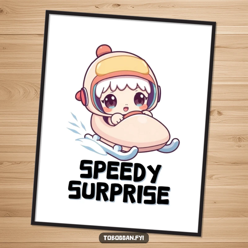 Funny digital art print of a character's comical surprise on a speeding sled, providing instant humor for walls.