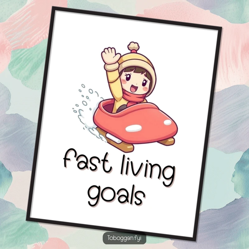 Funny Digital Art Print: Character waving from a toboggan at full speed, capturing winter's exhilarating fun.