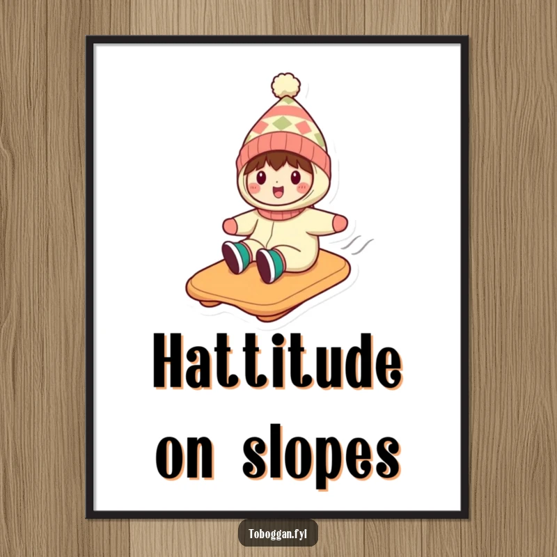 Funny digital art print showing a character in a silly hat, having an exhilarating toboggan descent down a snowy mountain.