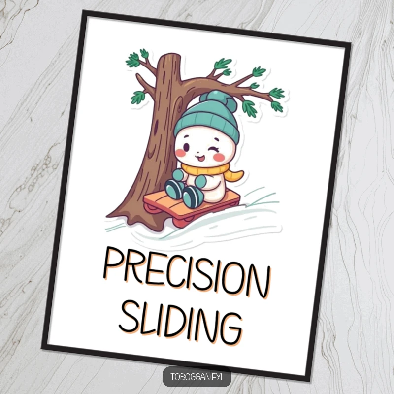 Funny character steering a toboggan around a tree, rendered as digital art for vibrant winter wall decor.