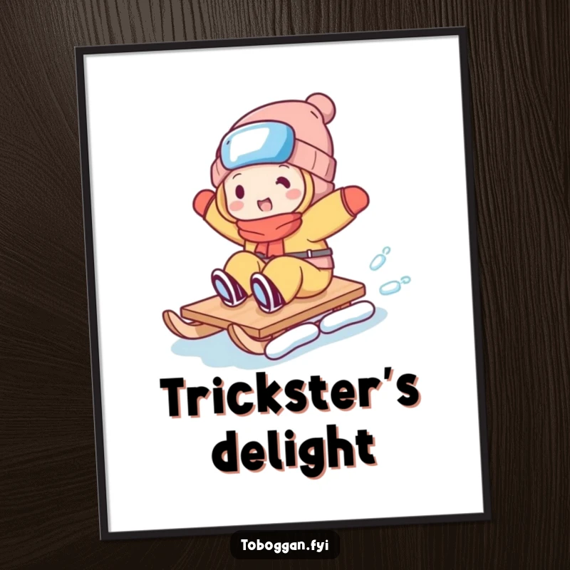 Funny digital art print of a character performing a comical trick on a toboggan, bringing instant joy and humor to walls.