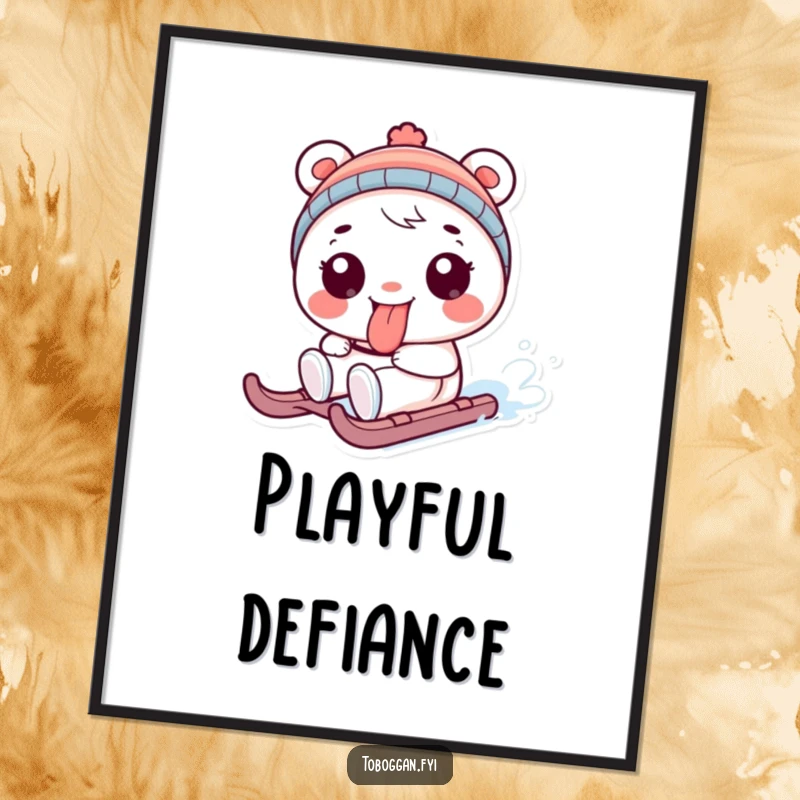 Funny digital art print with a playful character sticking its tongue out while sledding, instant humorous wall art funny gift.