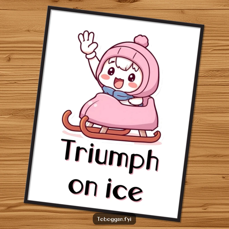 Funny digital art print of a character giving a spirited, triumphant wave from a sled, ready to bring joy.