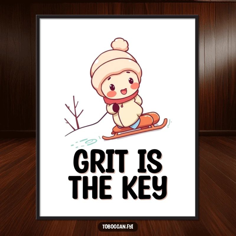 Funny digital art print shows a rosy-cheeked character pushing a sled uphill with great effort, conveying a humorous and inspiring message of persistence.