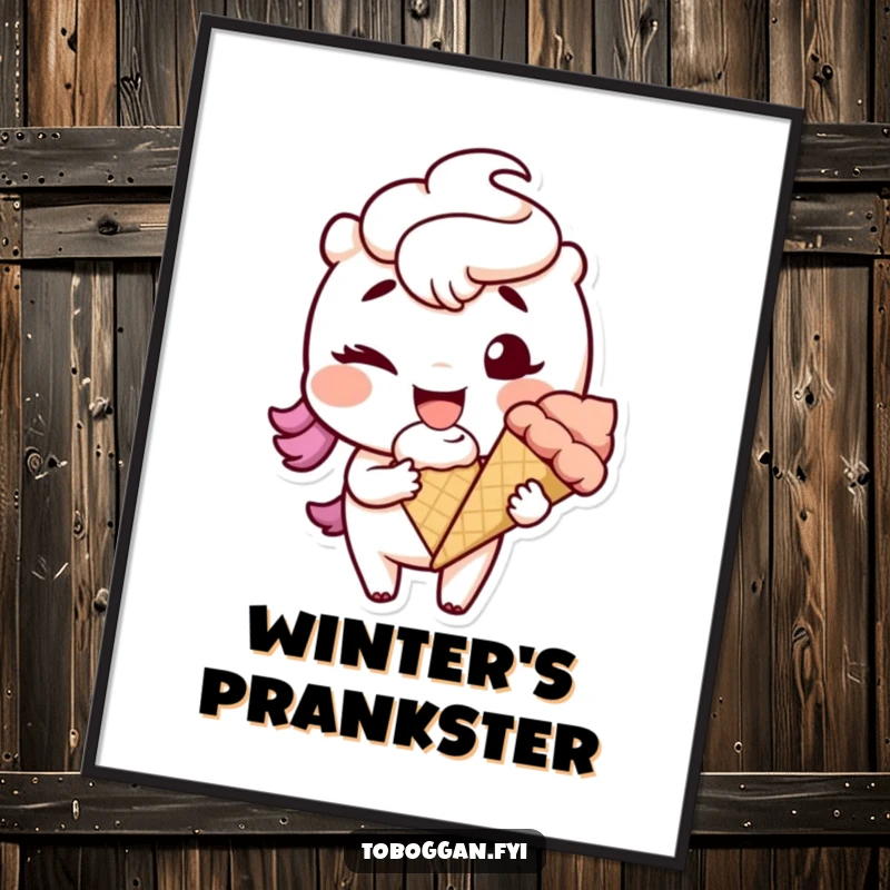 Funny character winking with a snowball, captured as playful digital art for cheerful winter wall decor.