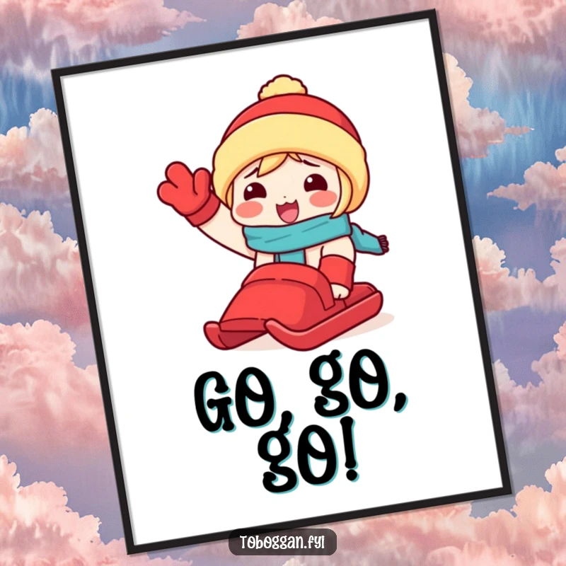 Funny digital art print of a character excitedly waving a red toboggan, ready to be printed and add winter cheer to decor.