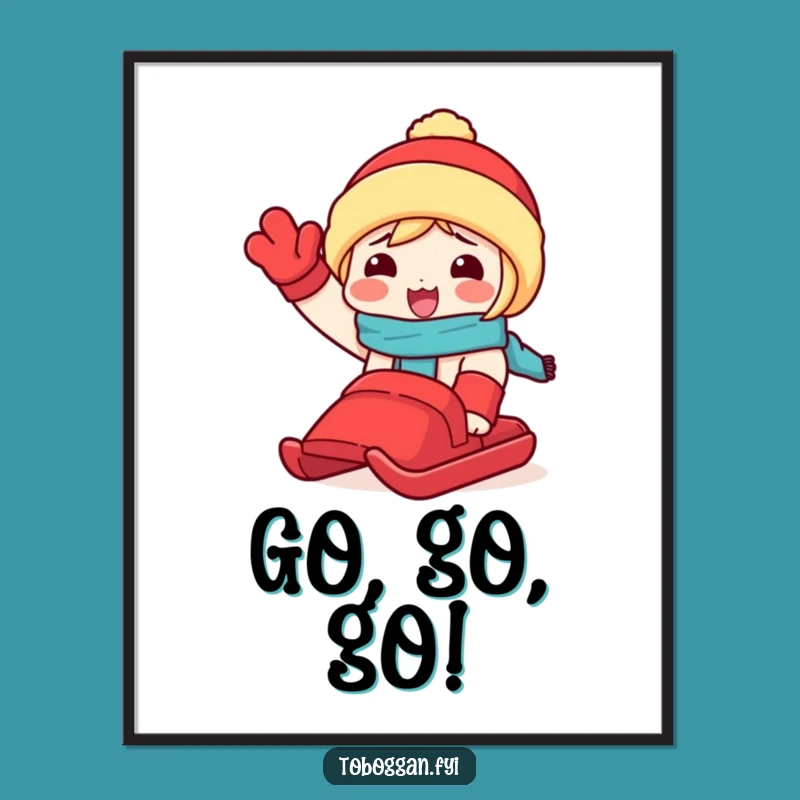 Funny Snow Day Digital Art: Waving Toboggan Print, Instant Winter Gift!