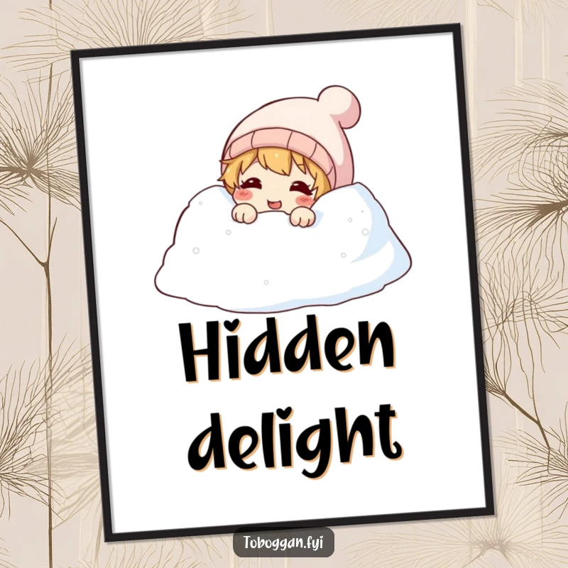 Funny digital art print of a character peeking with a giggle from a snowdrift, capturing sweet winter mischief.