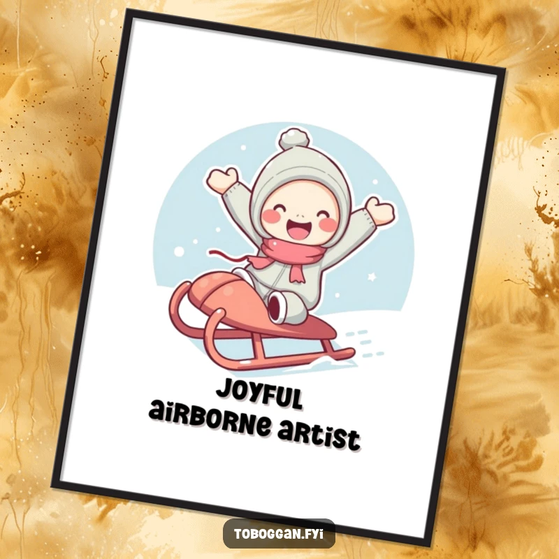 Funny digital art print of a cute character with rosy cheeks joyfully jumping from a sled, capturing winter's pure exhilaration.