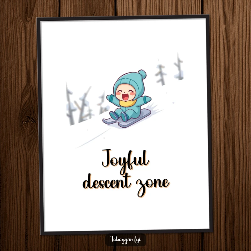 Funny character laughing with pure joy while sledding down a snowy slope, a high-resolution digital art print.