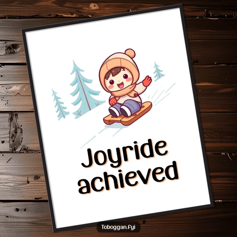 Funny cute character gleefully sledding down a snow hill, as digital art for instant wall decor.