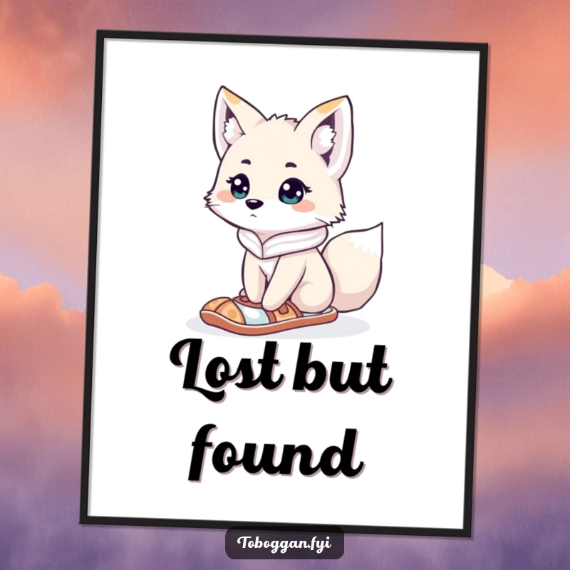 Funny curious arctic fox wearing a snowshoe, looking lost on a digital art print, perfect for instant download and sharing curious humor.