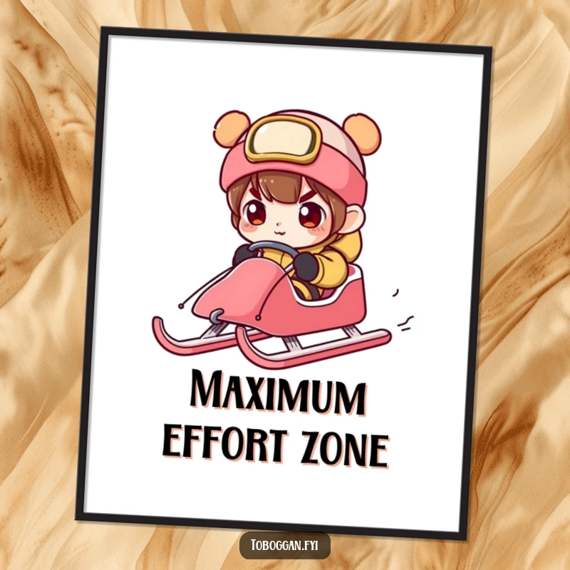 Funny character steering a sled with exaggerated concentration, a high-resolution digital art print for intense decor.