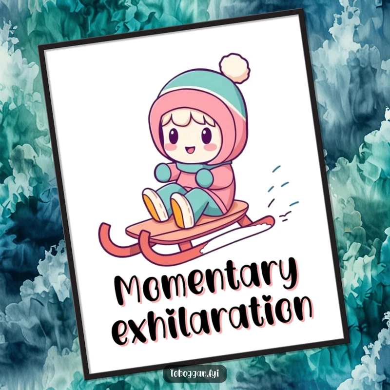 Funny digital art print of a character in a funny spin on a sled, bringing winter's playful energy indoors.