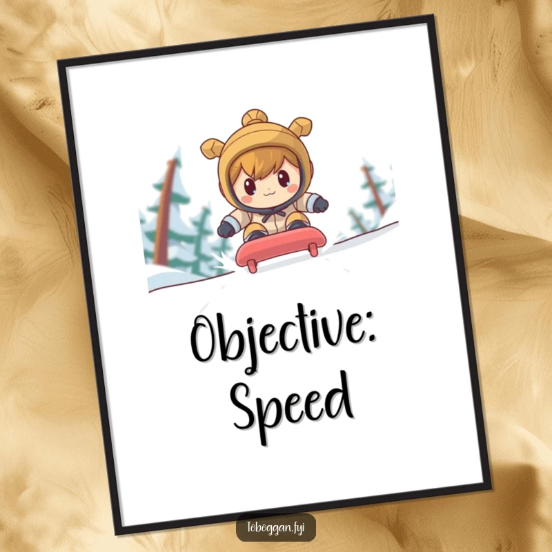 Funny character with a determined expression racing down a toboggan run, captured as motivational digital art.