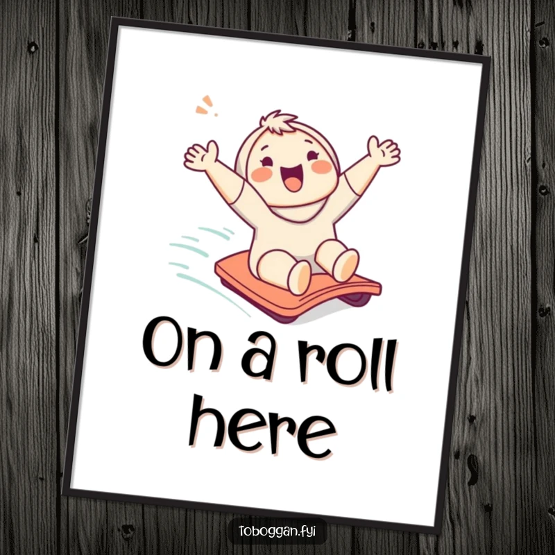 Funny digital art print of a cute character cheering enthusiastically while sliding down a gentle slope.