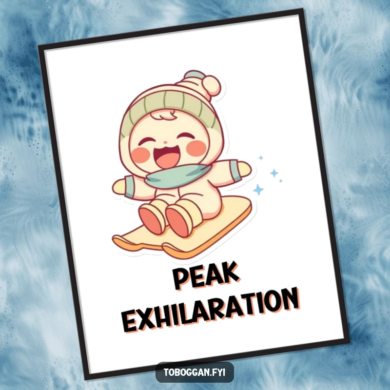 Funny digital art print of a character laughing with abandon while sledding rapidly down a snowy slope, pure winter fun.