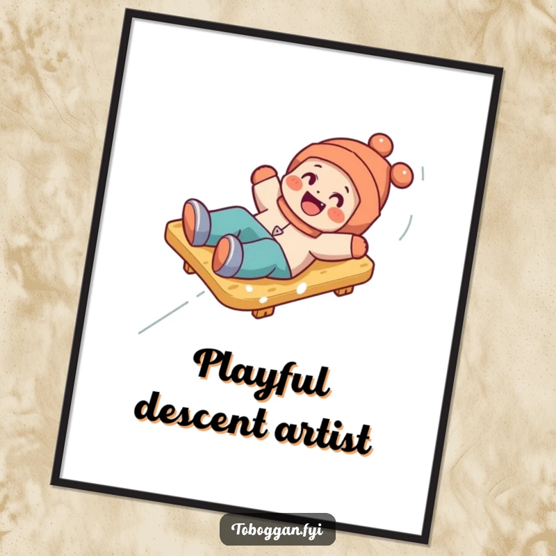 Funny digital art print of a happy character playfully tumbling off a toboggan, capturing the humor of winter fun.