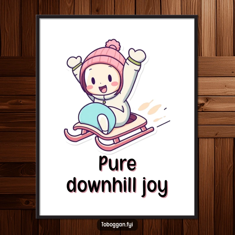 Funny Downhill Sledding Digital Art Print of a character zooming downhill on a sled with arms in the air, instant humorous winter decor.