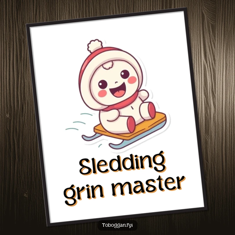 Funny digital art print of a character with a wide grin happily sliding on a sled, embodying pure winter joy.