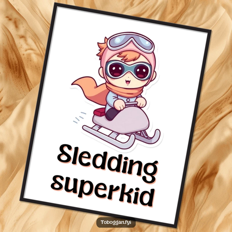 Funny digital art print of a cute character in a superhero pose riding a sled, ready to be printed and framed.