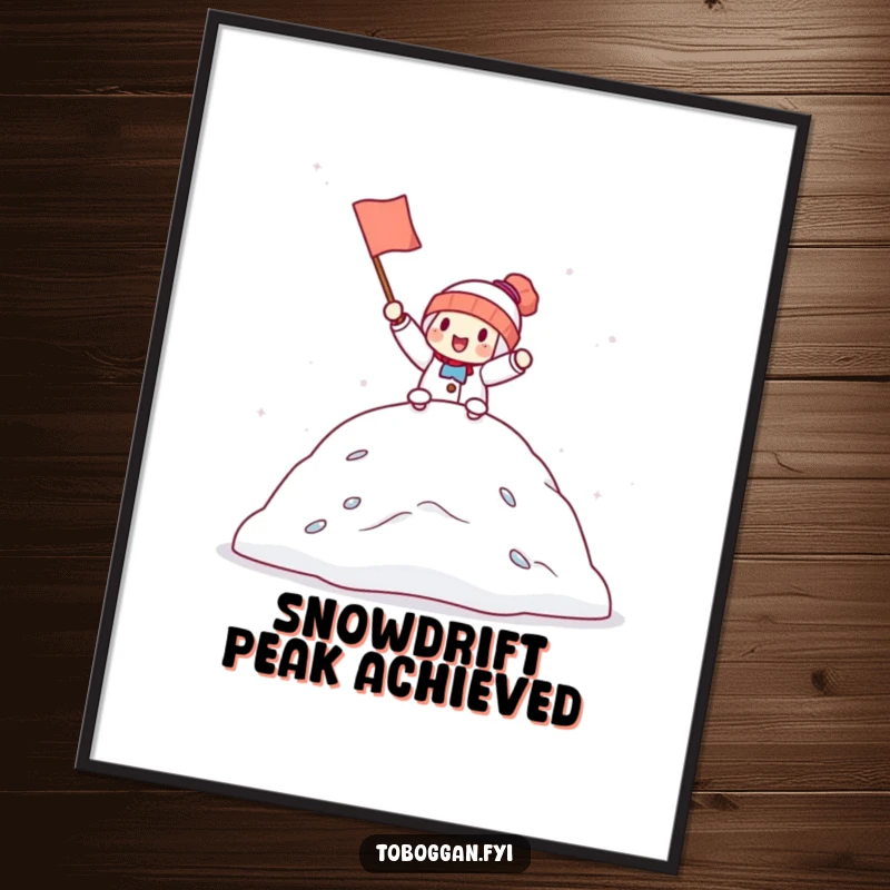 Funny digital art print showing a character holding a small flag, cheering joyfully from the peak of a snowdrift, embodying cheerful accomplishment.