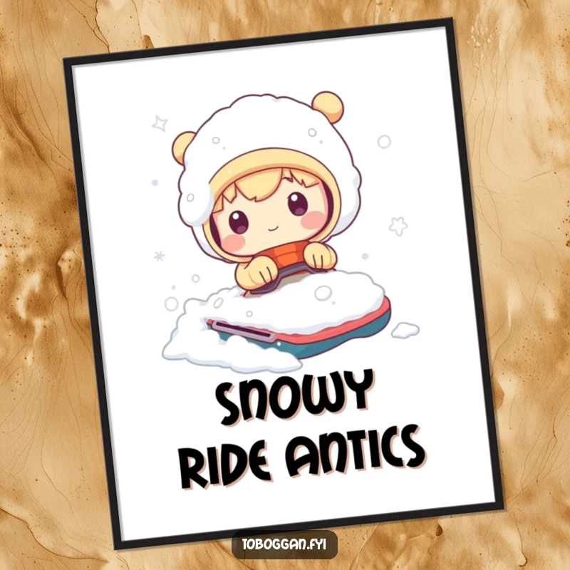 Funny digital art print of a cute character comically buried in snow after a bumpy ride, ready to be printed and framed.