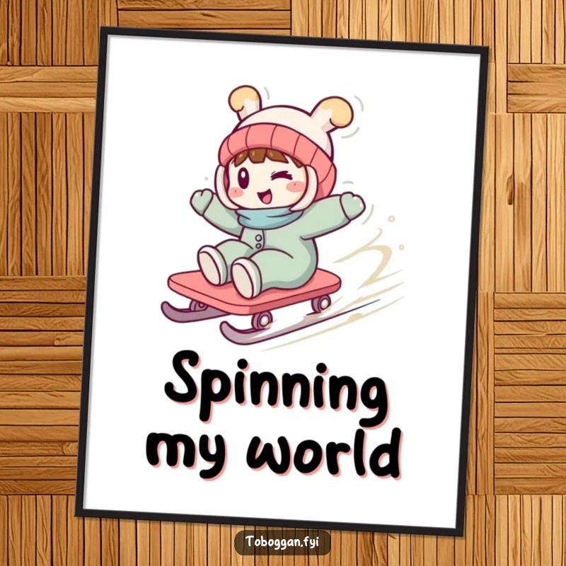 Funny digital art print showing a character with a playful wink, spinning wildly on a toboggan, visualizing exhilarating winter fun and playful mischief.