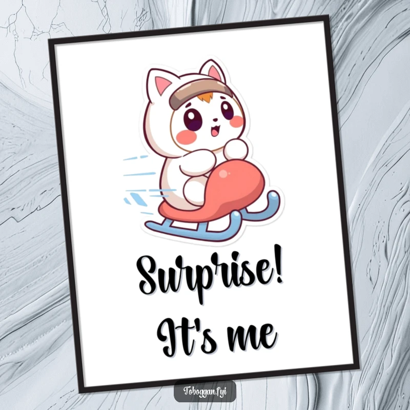 Funny digital art print with a character looking surprised as their sled spins quickly, instant humorous wall art funny gift.