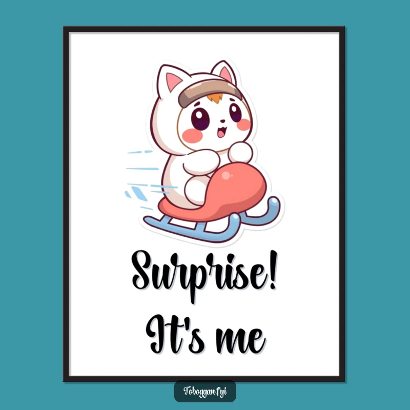 Funny Surprised Sledding Character Digital Art: Winter Printable Gift