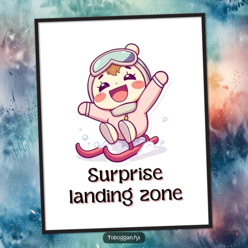 Funny digital art print of a character with a large grin, comically falling backward off a sled in a moment of unexpected winter surprise.