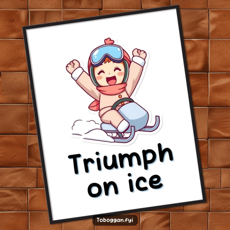 Funny sled ride digital art print of a character in a triumphant pose, celebrating winter success instantly.