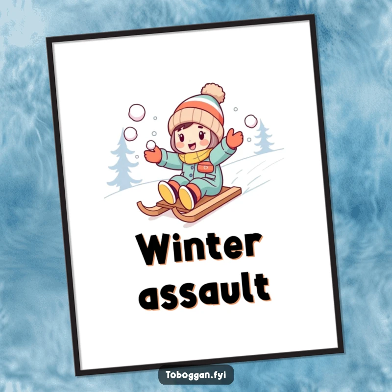 Funny character excitedly throwing snowballs while sledding downhill, as digital art.