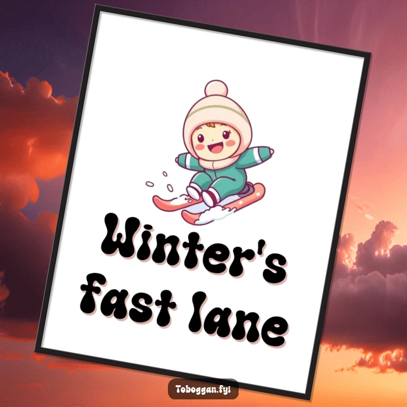 Funny Digital Art Print: Cute character speeding down a snowy hill, conveying pure winter fun and joy for immediate download and display.