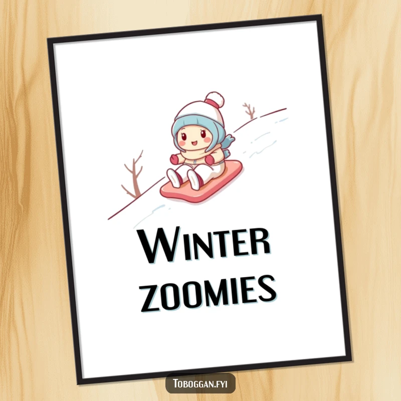 Funny digital art print of a cute cartoon character gleefully sliding down a snowy hill, bringing instant winter joy to any room.