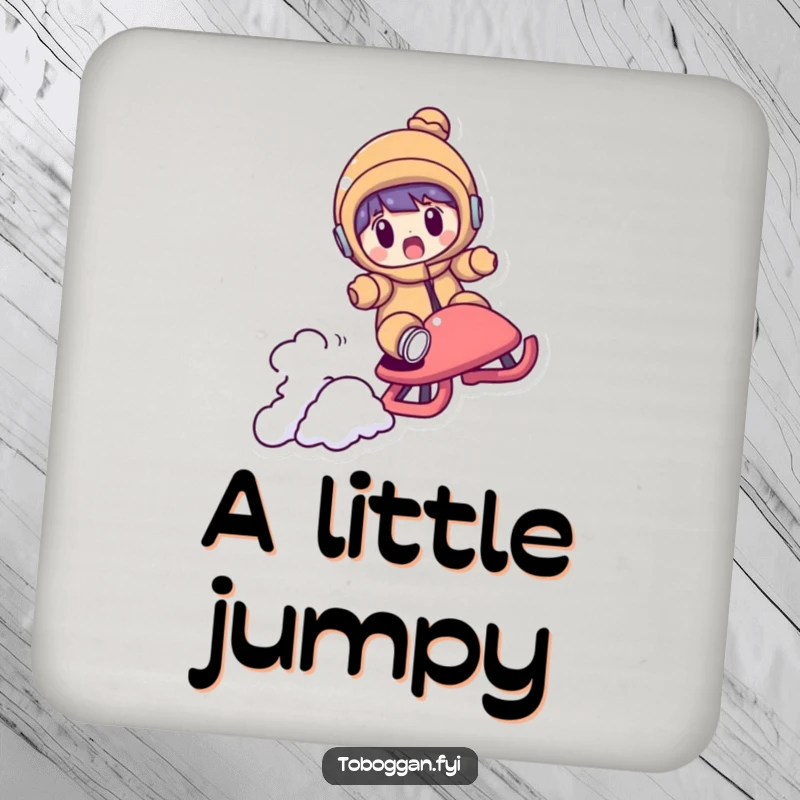 Funny drink coaster with a character looking shocked as their sled flies over a small bump, illustrating a comical surprise aerial adventure.