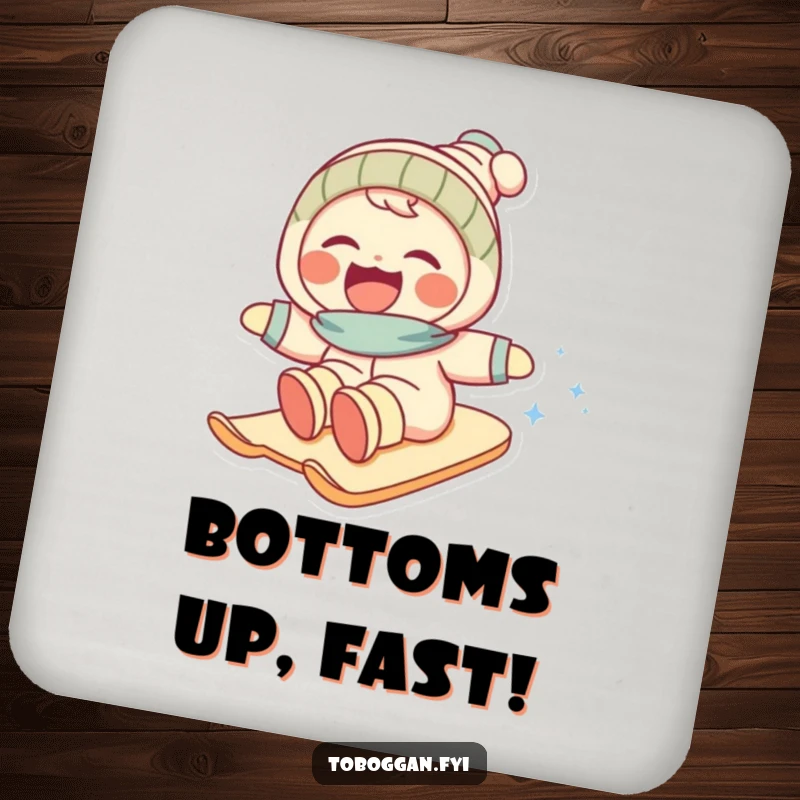 Funny drink coaster featuring a character laughing uncontrollably while sliding down a snowy hill, a humorous table protector.